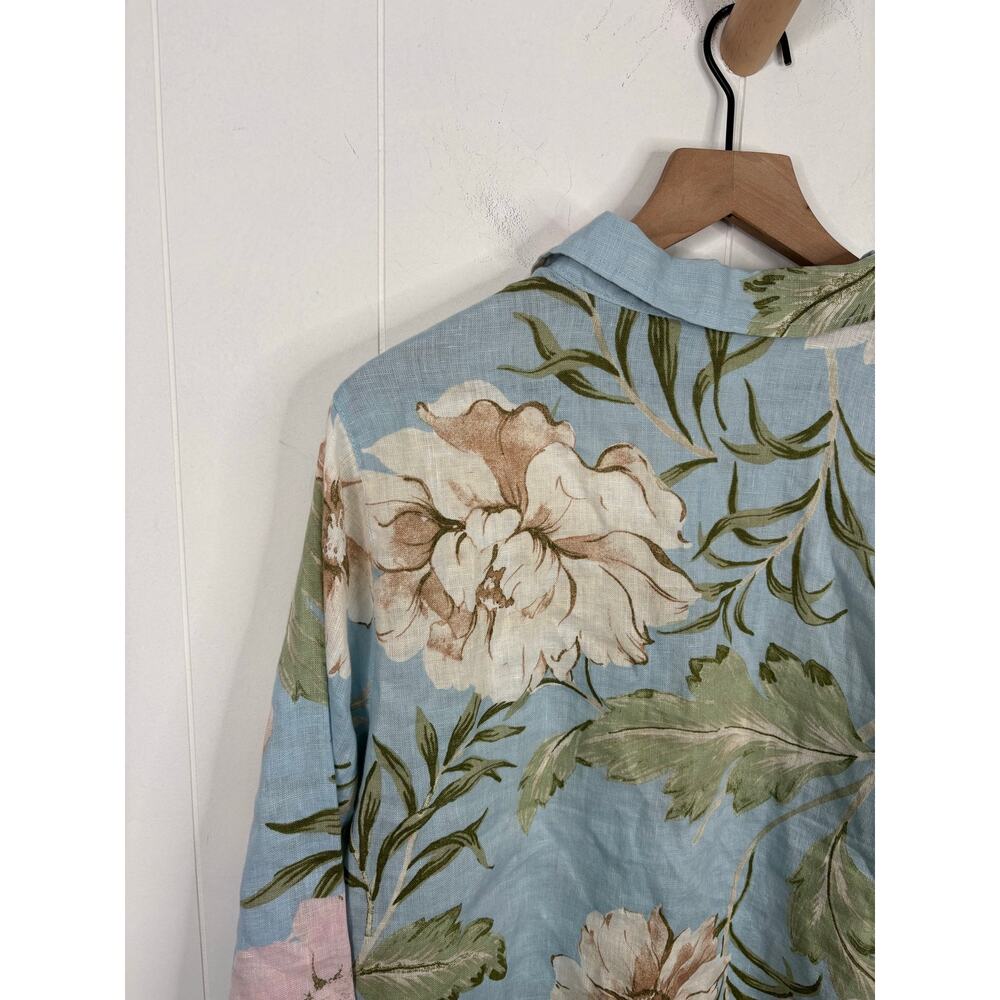 Joie 100% Linen Tropical Leaf Floral Button Up Top Large Light Blue Vacation - Picture 7 of 8